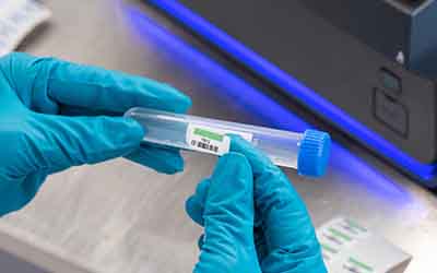 Egy vegyész címkét ragaszt egy laboratóriumi kémcsőre.