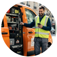 telepítő nézi a telefont a furgonnal a háttérben