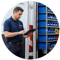 Telepítő a nyitó furgonnal a háttérben